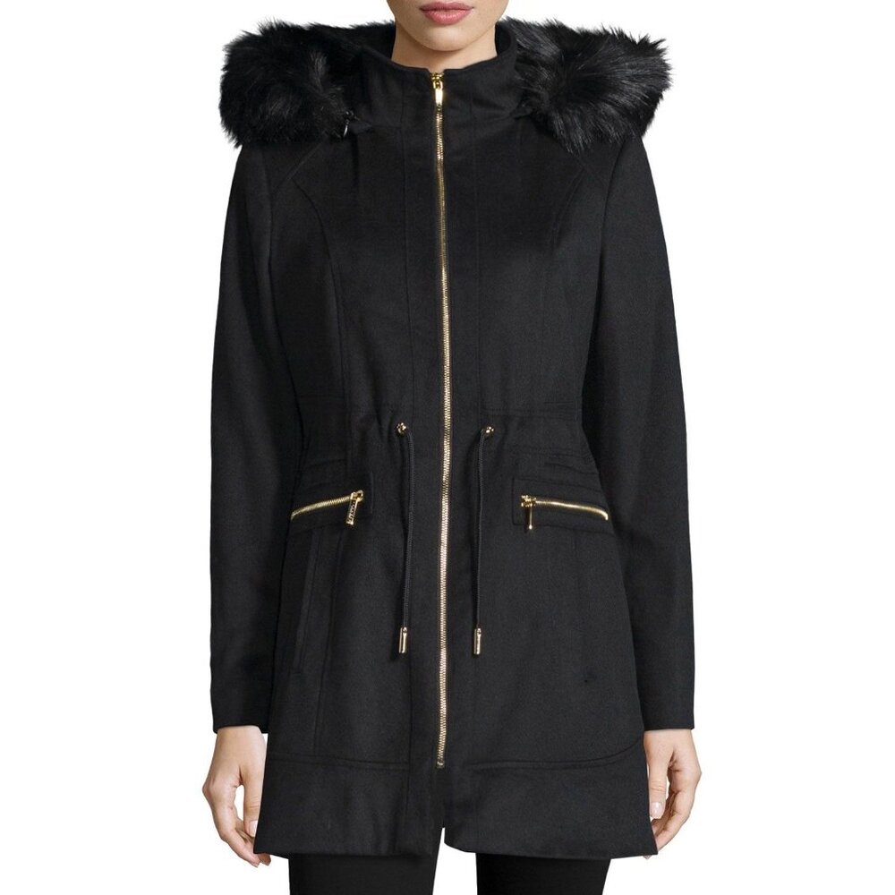 Laundry By Shelli Segal Black Wool Faux Fur Trim Hooded Coat | Cozy Quiet Luxury - Picture 2 of 16